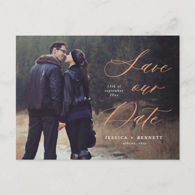 Bronze Calligraphy Overlay Photo Save the Date Postcard (Front)