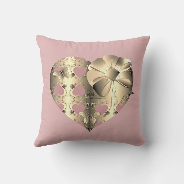 Bronze Colour Hearts & Ribbon Throw Pillow (Back)