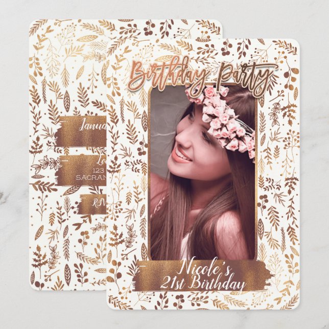 Bronze Copper Gold Modern Birthday Party Photo Invitation (Front/Back)