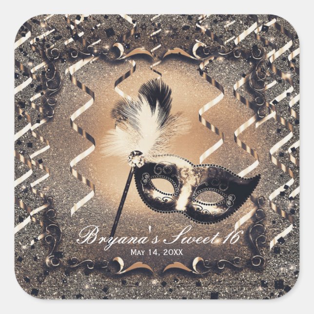 Bronze & Cream Masquerade Mask Elegant Ball Party Square Sticker (Front)