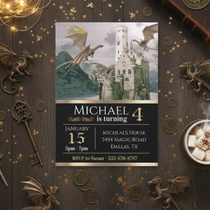 Bronze Dragon Medieval Castle Metallic Birthday Invitation
