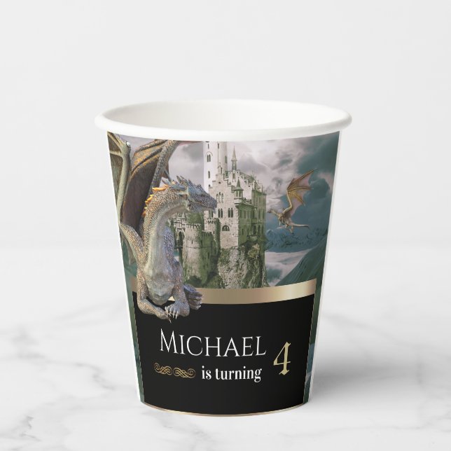 Bronze Dragon Medieval Castle Metallic Birthday Paper Cups (Front)