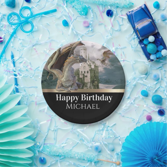 Bronze Dragon Medieval Castle Metallic Birthday  Paper Plate (Party)