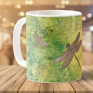 Bronze Dragonflies on Earthy Distressed Coffee Mug