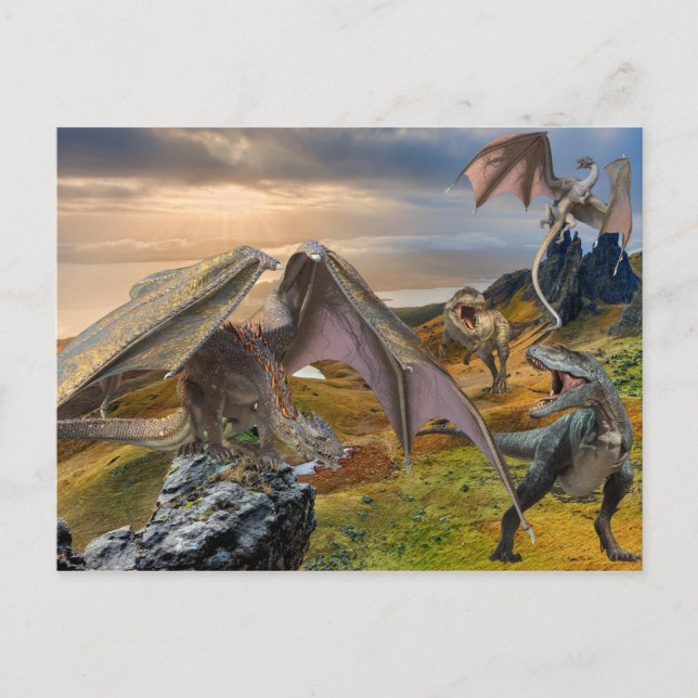 Bronze Dragons Vs Tyrannosaurus Dinosaur Battle Postcard (Front)