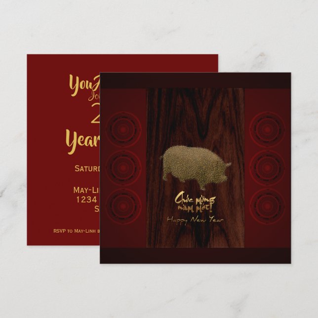 Bronze Drums Pig Year Vietnamese Square Invitation (Front/Back)