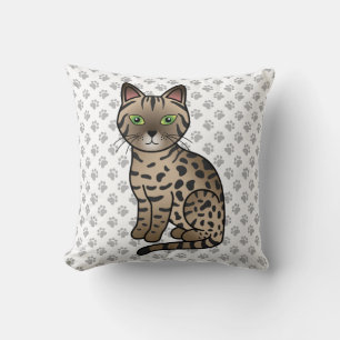 Bronze Egyptian Mau Cute Cartoon Cat & Paws Throw Pillow