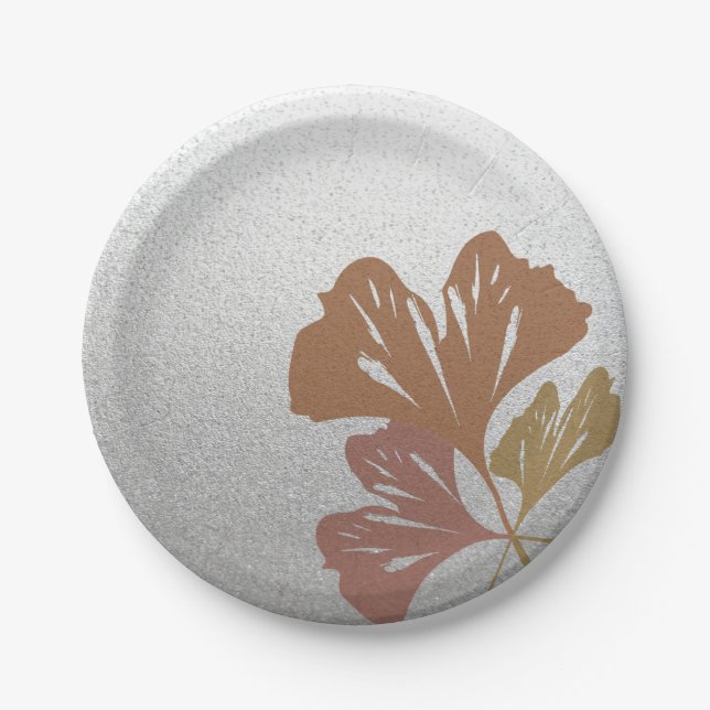 Bronze Ginkgo Leaves on Silver Effect Pattern Paper Plate (Front)