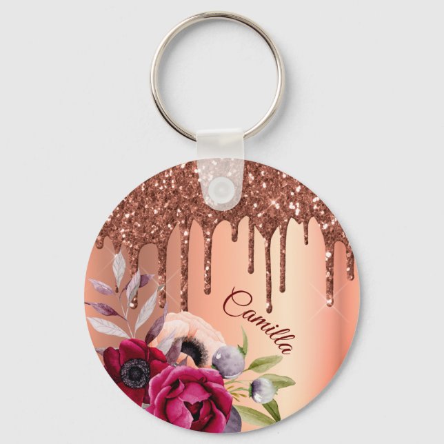 Bronze glitter drip copper metallic flowers name keychain (Front)