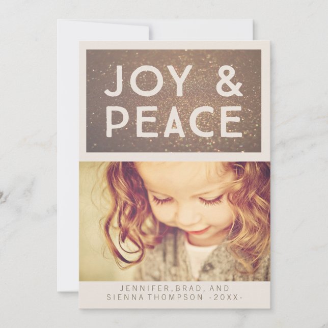 Bronze Glitter Joy & Peace Christmas Photo Flat Holiday Card (Front)
