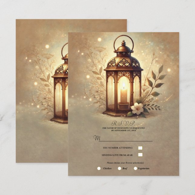Bronze Glowing Lantern Romantic Rustic RSVP Invitation (Front/Back)
