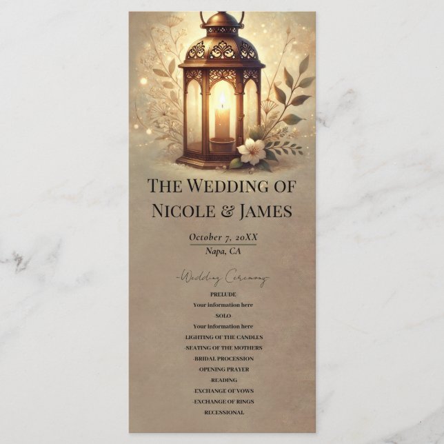 Bronze Glowing Lantern Rustic Wedding Program (Front)