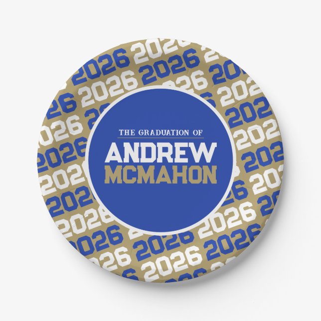 Bronze Gold and Blue Personalized Graduation Paper Plate (Front)