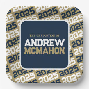 Bronze Gold and Navy Blue Personalized Graduation Paper Plate
