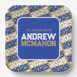 Bronze Gold & Blue Personalized Graduation Square Paper Plate