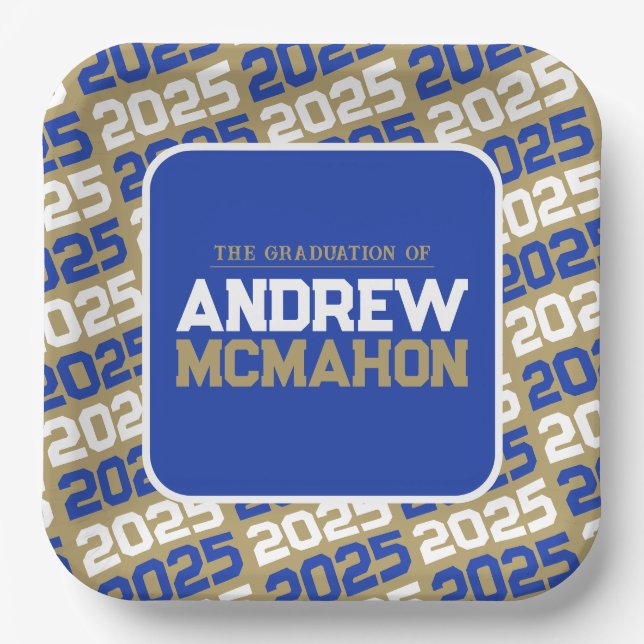 Bronze Gold & Blue Personalized Graduation Square Paper Plate (Front)