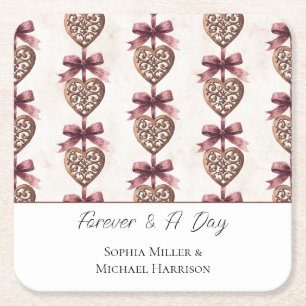 Bronze Hearts Red Bows Wedding Square Paper Coaster