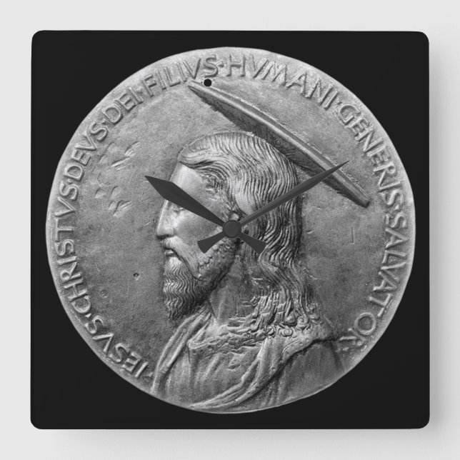 Bronze Jesus Christ Sculpture Portrait Latin Text Square Wall Clock (Front)