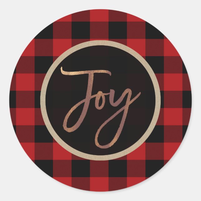 Bronze JOY Christmas Holiday Red Buffalo Plaid Classic Round Sticker (Front)