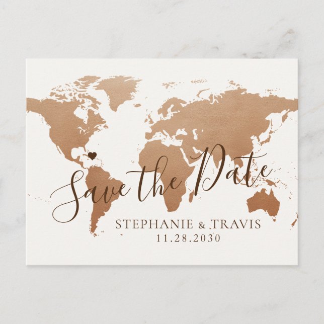 Bronze Map Destination Wedding Save the Date Announcement Postcard (Front)