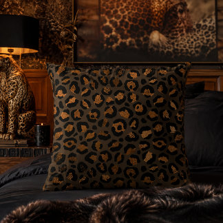 Bronze Metallic Leopard Print Animal Pattern Throw Pillow