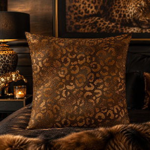 Bronze Metallic Leopard Print Animal Pattern Throw Pillow