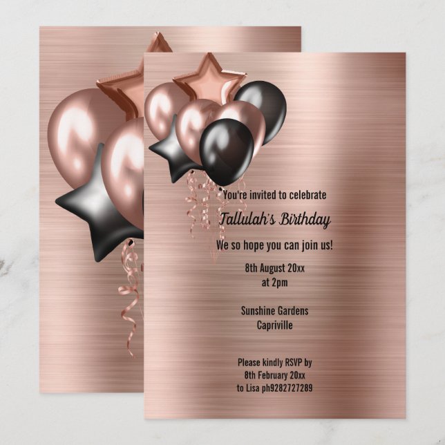 BRONZE MÉTALLIQUE BUNCH DE BALLONS INVITATION (Devant / Derrière)