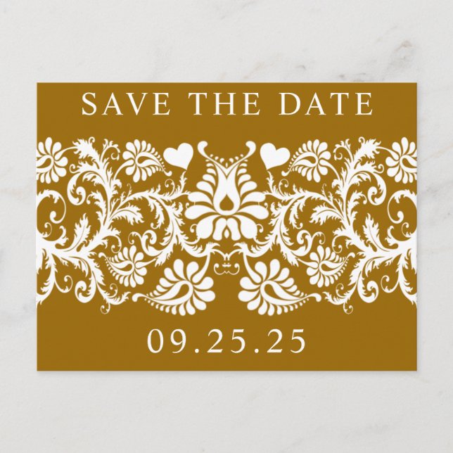 Bronze Mist Rich Caramel and White Damask Announcement Postcard (Front)