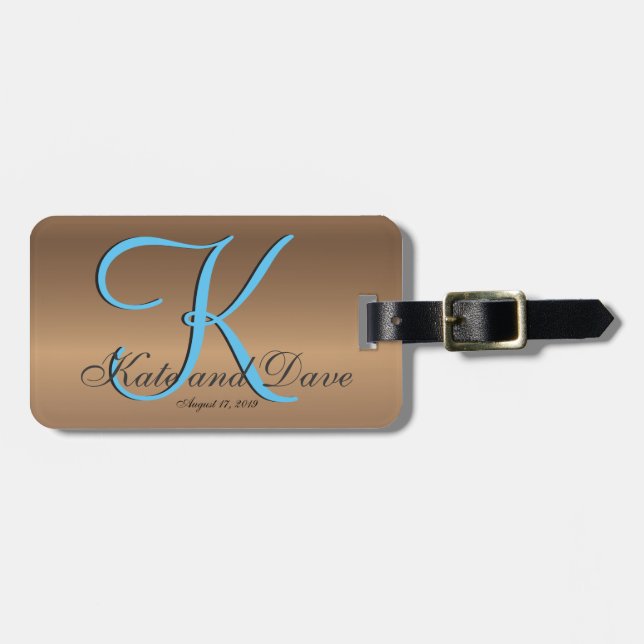 Bronze Monogram 🔑 Stylish Pecan  Luggage Tag (Front Horizontal)
