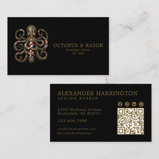 Bronze Octopus Professional Barber Shop Qr Code Business Card (Front/Back)