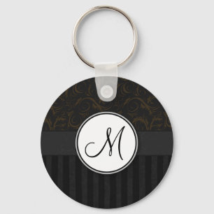 Bronze on Black Floral Wisps, Stripes & Monogram Keychain