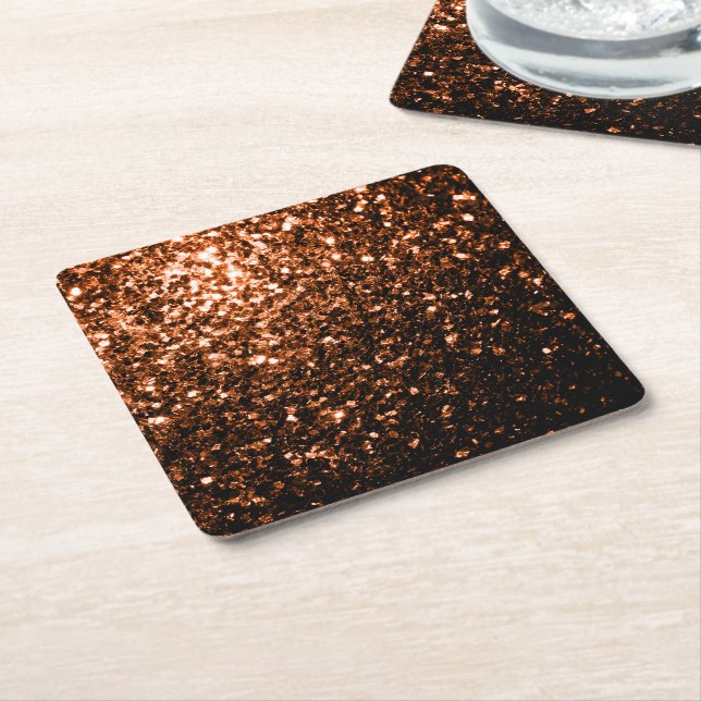 Bronze orange brown copper faux glitters sparkles square paper coaster (Angled)