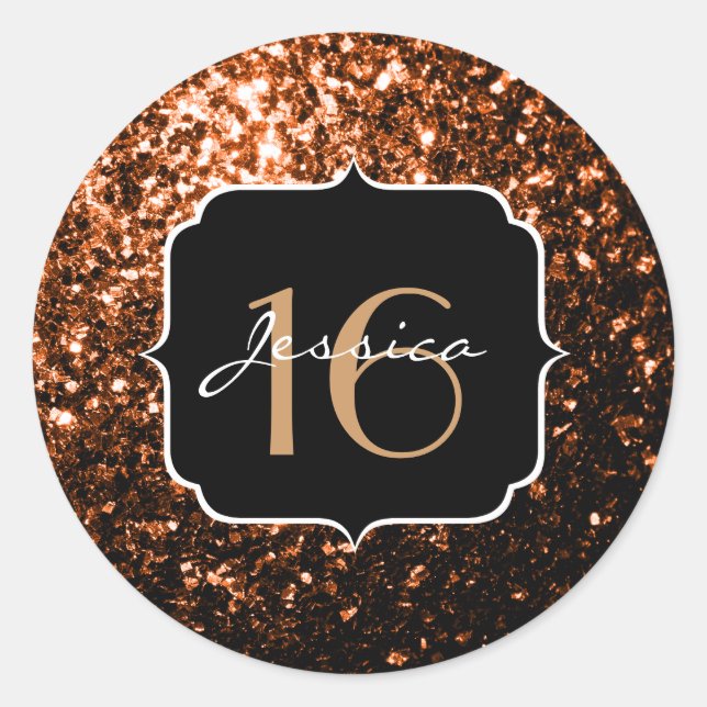 Bronze orange brown copper faux sparkles Sweet 16 Classic Round Sticker (Front)