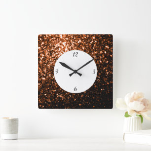 Bronze Orange Brown glitters sparkles with numbers Square Wall Clock