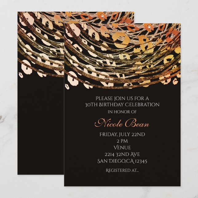 Bronze Orange Cheetah Exotic Party Invitations (Front/Back)