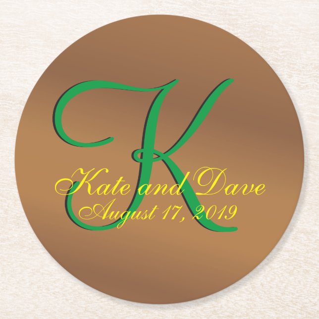Bronze Pecan 3d Monogram Round Paper Coaster (Front)