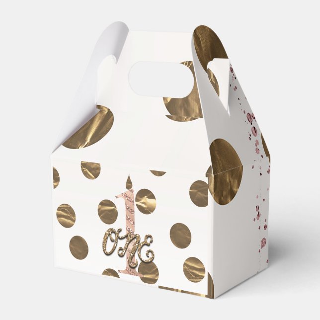 Bronze Polka Dots Rose Gold ONE 1 1st Birthday Favor Box (Front Side)