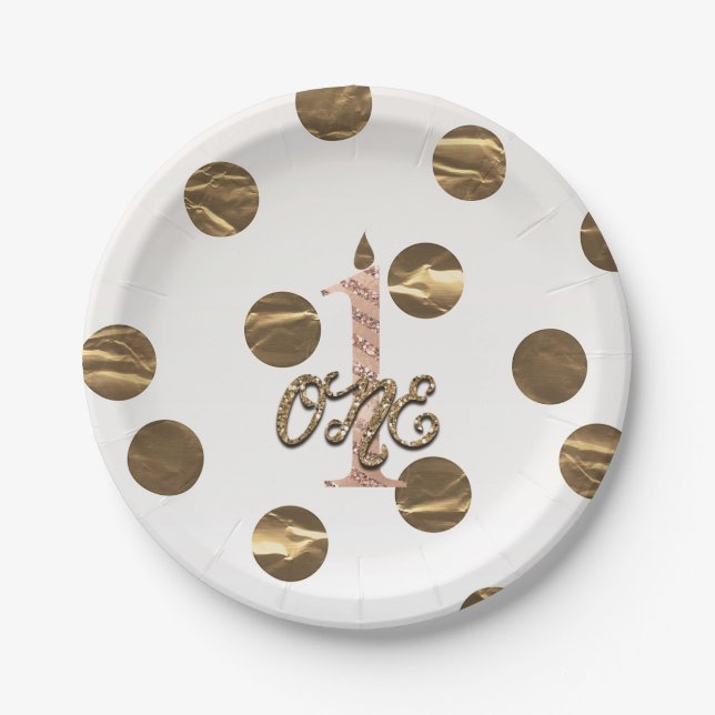 Bronze Polka Dots Rose Gold ONE 1 1st Birthday Paper Plate (Front)