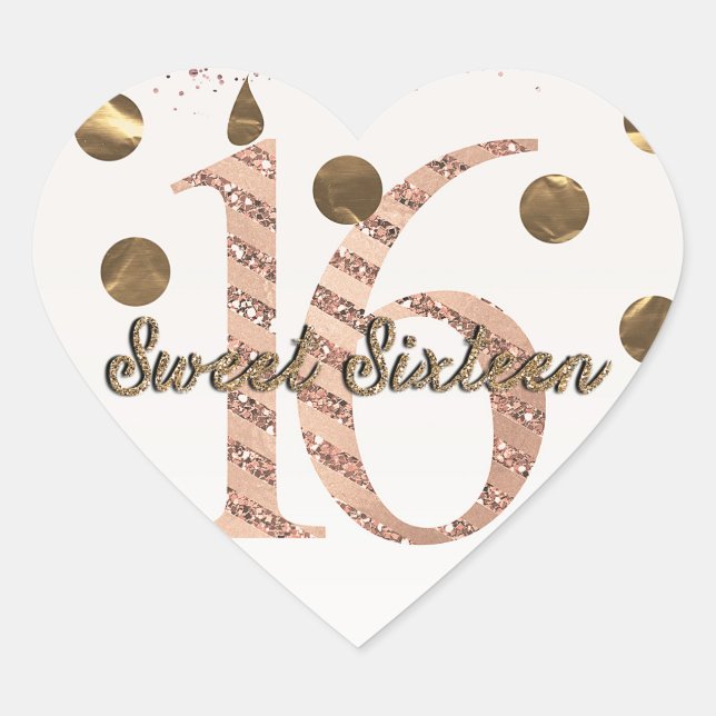 Bronze Polka Dots Rose Gold Sweet 16 Birthday Heart Sticker (Front)