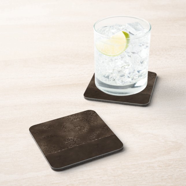 Bronze Romance | Brown Satin Grunge Rose Damask Coaster (Right Side)