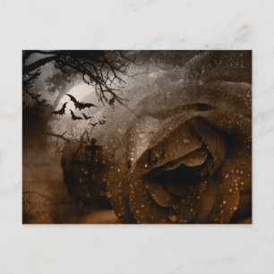 Bronze Rose Bats and a Graveyard Halloween Holiday Postcard
