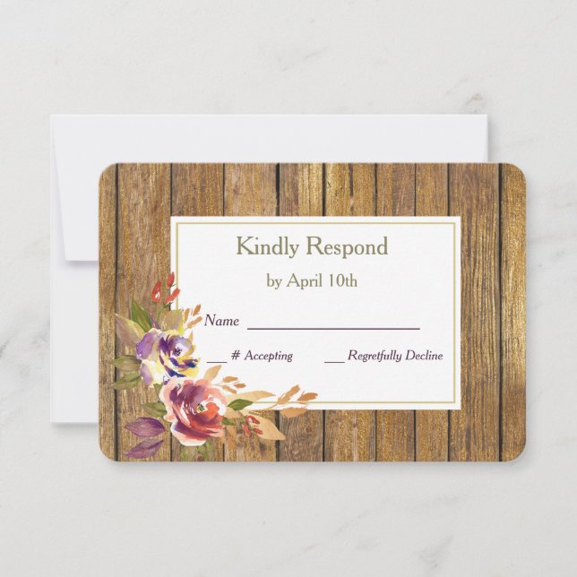 Bronze Rose Warm Wood Wedding RSVP Card (Front)