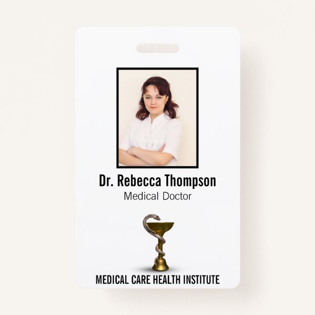 Bronze Snake Bowl Medical Hygieia White Photo ID Badge (Front)