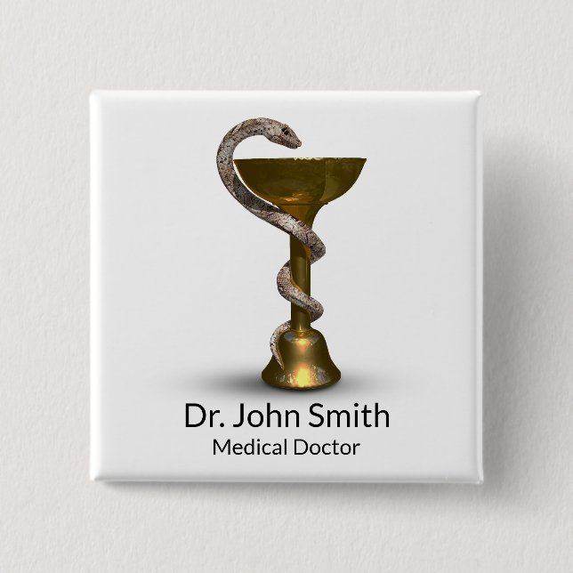 Bronze Snake Medical Bowl Hygieia White Caduceus 2 Inch Square Button (Front)