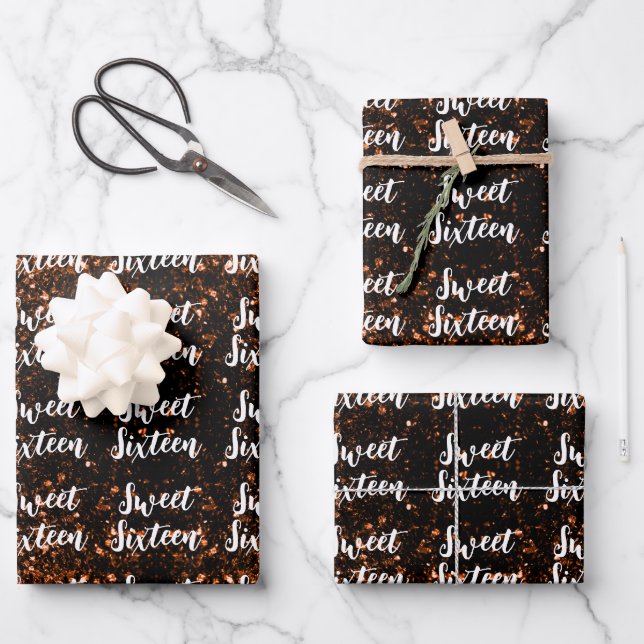 Bronze sparkles Sweet 16 elegant script pattern Wrapping Paper Sheet (Front)