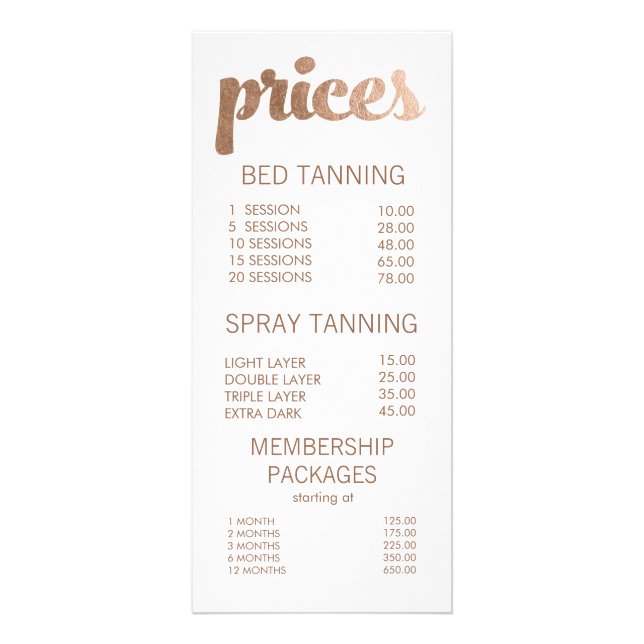 Bronze Tanning Salon Menu Price List Cards (Front)