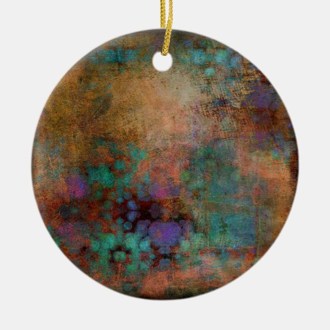 Bronze, Teal, Purple Abstract Ceramic Ornament (Front)