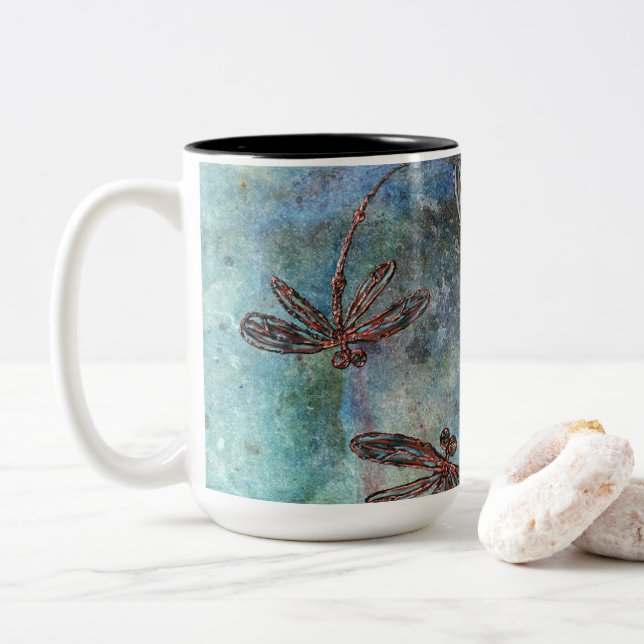 Bronze Tipped Dragonflies Magical Sky Two-Tone Coffee Mug (With Donut)