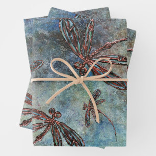 Bronze Tipped Dragonflies on a Magical Sky Wrapping Paper Sheet