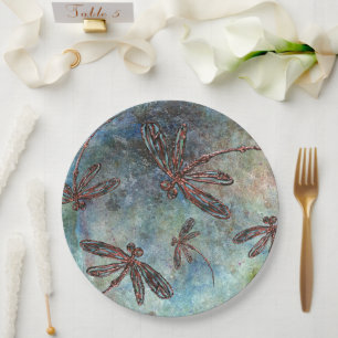 Bronze Tipped Dragonflies on a Starry Sky Paper Plate